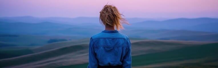 Woman enjoying sunset over hills