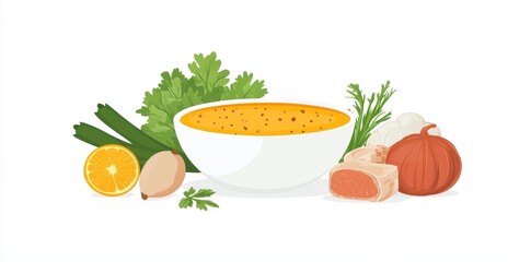 An illustration of soup with various surrounding ingredients