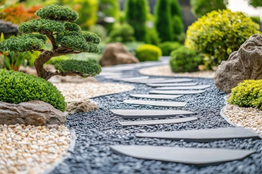 Stone path winding through a serene oriental garden