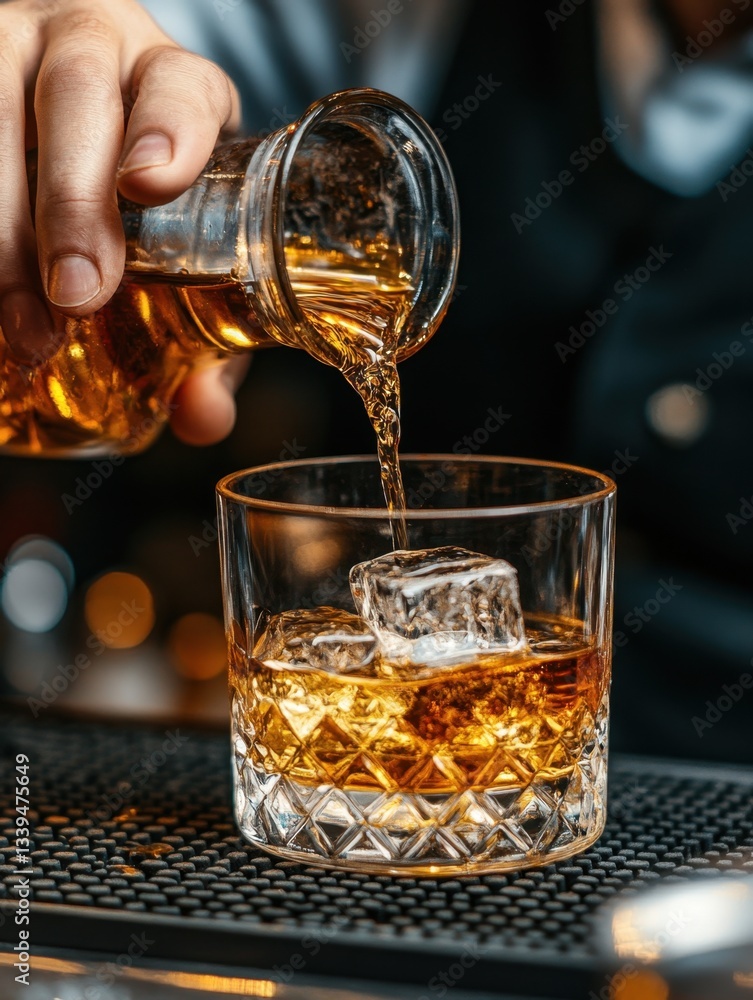 Poster pouring golden whiskey into a crystal glass with ice cubes on a bar top creating a warm inviting moo