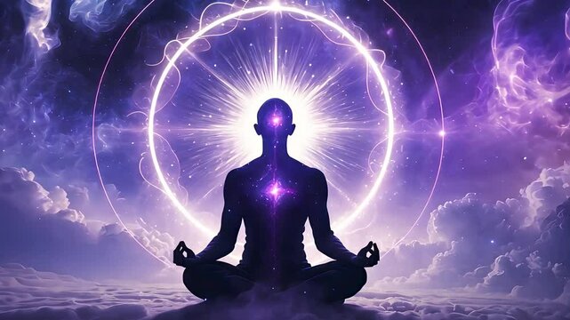 Spiritual meditation silhouette surrounded by glowing energy aura, mindfulness abstract concept

