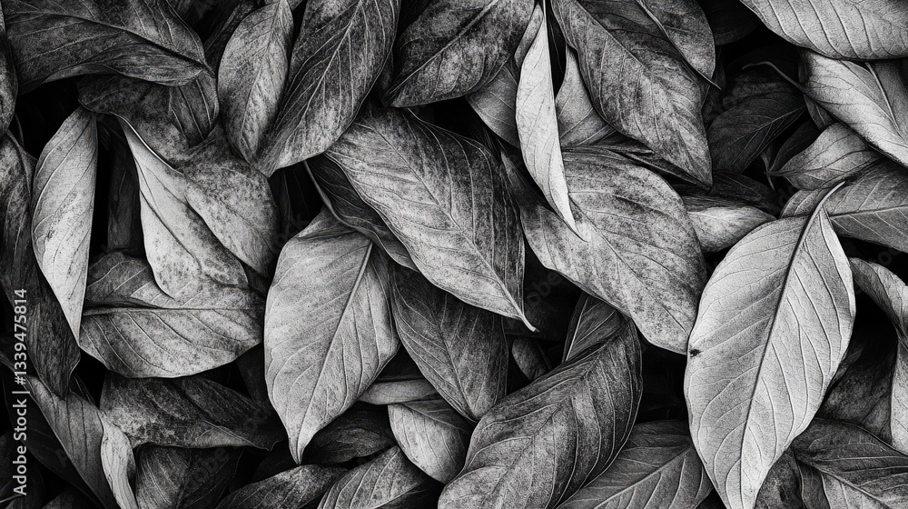 Poster overlapping leaves creating a patterned texture in a monochromatic format
