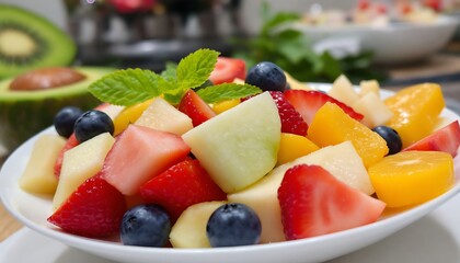 A close up shot of a bowl filled with a colorful assortment of fresh cut fruit and mint leaves