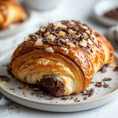 Delicious chocolate croissant pastry with almond flakes sweet treat food rich baked tasty brown