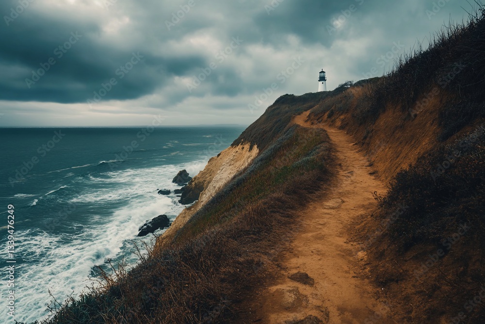 Aufkleber coastal path leading to a lighthouse on a cliff overlooking stormy ocean.