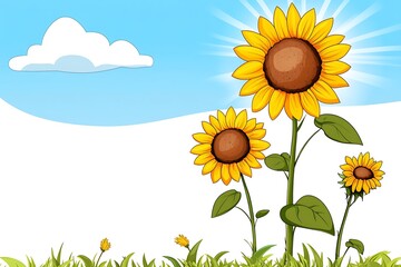Sunflowers growing sunny field, blue sky background, nature illustration