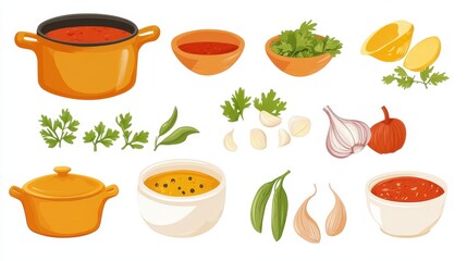 Cartoon illustration depicts various food ingredients and cooking utensils on white
