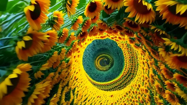 Vibrant swirling spiral tunnel of sunflowers, cheerful nature-inspired art.