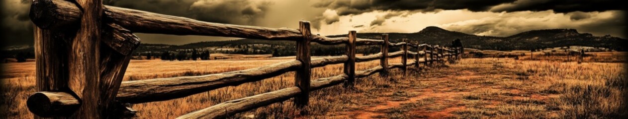 Rustic wooden fence against dramatic sky