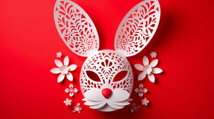 Happy Easter greeting card with white paper cut Head Easter Bunny cut out with decorative shapes isolated on red background. illustration, Generative Ai