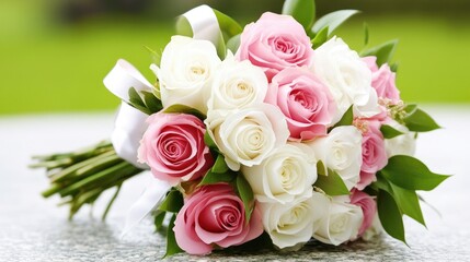 Obraz premium A perfect pink and white rose bouquet, elegantly tied with a delicate satin ribbon, nestled in lush greenery.