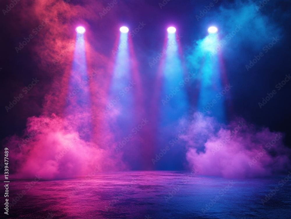 Poster captivating stage ambiance with vibrant spotlights illuminating smoky atmosphere creating dynamic vi