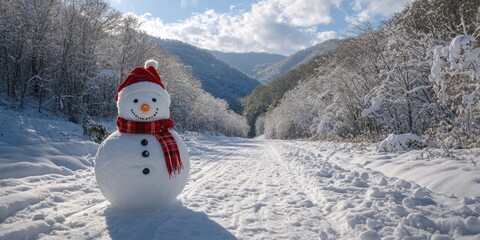Snowman on Snowy Road