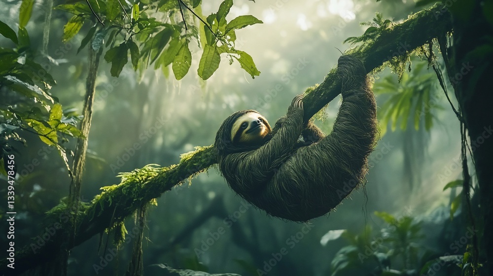 Poster a three-toed sloth hangs from a moss-covered branch in a lush, sun-dappled rainforest.