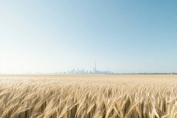 serene morning view of field with golden wheat swaying gently under soft sunlight bordered by distant bustling city