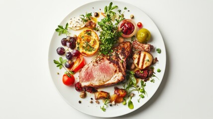 A beautifully plated meal featuring grilled meat and assorted vegetables