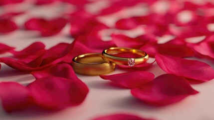 A romantic scene with pink rose petals and a pair of golden wedding rings placed on a white background.