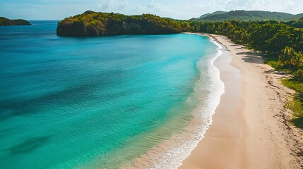 Obraz premium Tropical beach aerial view turquoise water, white sand, lush greenery, calm waves
