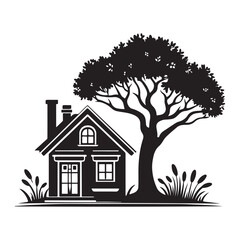 Charming House Silhouette Vector Illustration with Tree in Peaceful Setting