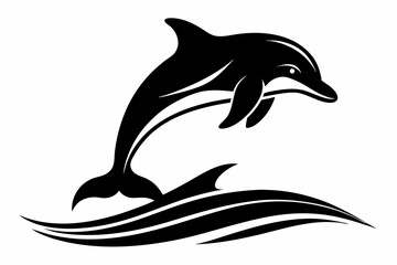 Obraz premium dolphin over a wave engraving line art silhouette vector illustration