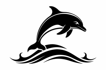 Obraz premium dolphin over a wave engraving line art silhouette vector illustration