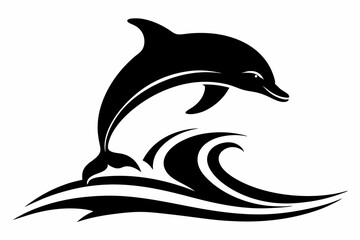 dolphin over a wave engraving line art silhouette vector illustration
