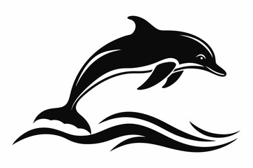 dolphin over a wave engraving line art silhouette vector illustration
