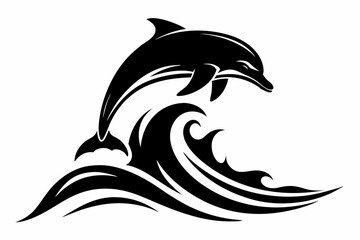 dolphin over a wave engraving line art silhouette vector illustration