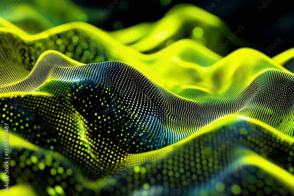 Poster abstract wavy surface with glowing particles.