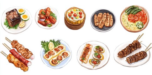 Colorful artistic watercolor depiction of various delicious food dishes