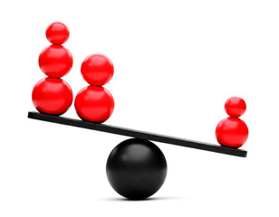 Red spheres balancing on a seesaw isolated on white background. balance, power, and importance concept
