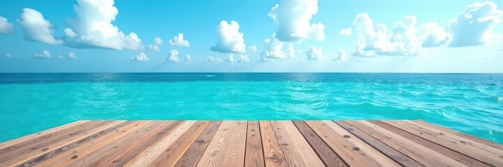 Naklejka premium Elevated wooden platform overlooking tranquil blue ocean, floor, deck, sea
