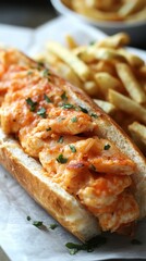 Delicious shrimp po boy sandwich with french fries on parchment paper close up food photography
