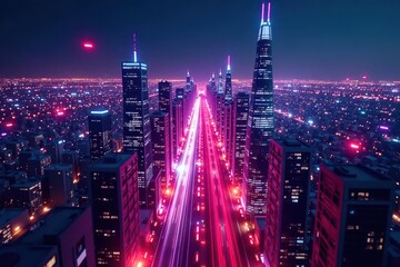 Obraz premium Glowing city grid, neon hues, flying vehicles, concept, technology, abstract
