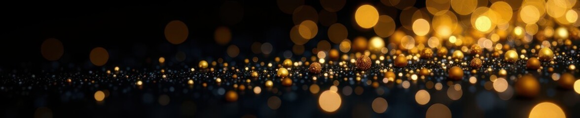 Obraz premium Golden glitter scattered on black background, sparkling effect, holiday, shiny, gold