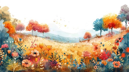 Colorful autumn meadow landscape with trees and flowers; butterflies flying