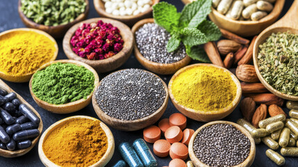 Colorful superfoods and spices arranged in bowls, showcasing vibrant textures and natural ingredients