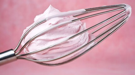 Whisk holding pink whipped cream against a pink background, for baking or dessert imagery