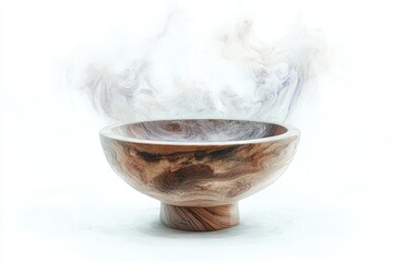 A wooden bowl with wisps of white vapor rising upwards slowly