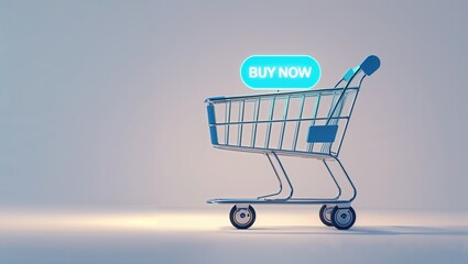 A shopping cart stands alone against a soft background, featuring a vibrant digital button that prompts users to buy now, representing the ease and accessibility of online shopping today