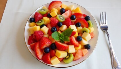 A colorful fruit salad with strawberries mango kiwi blueberries and mint on a white plate next to a fork