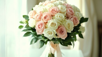 Obraz premium A soft and elegant floral bouquet of pink and white roses, arranged with green leaves and a delicate ribbon.