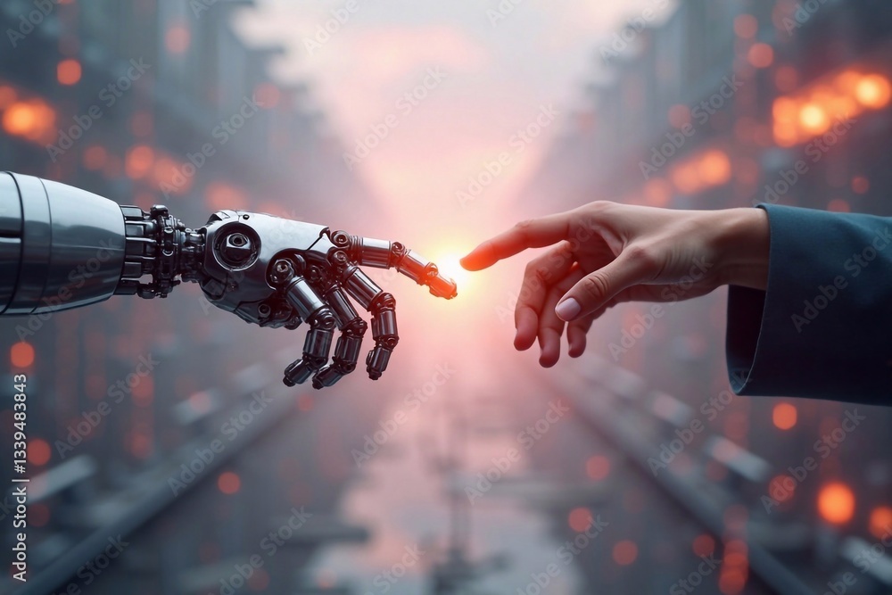 Wall mural human and robot hands touching. robot finger touching man's finger symbolizing connection and mutual