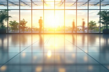 Fototapeta premium Bright sunrise light through office window with blurred people silhouettes and green plants in pots creates a modern and dynamic business atmosphere