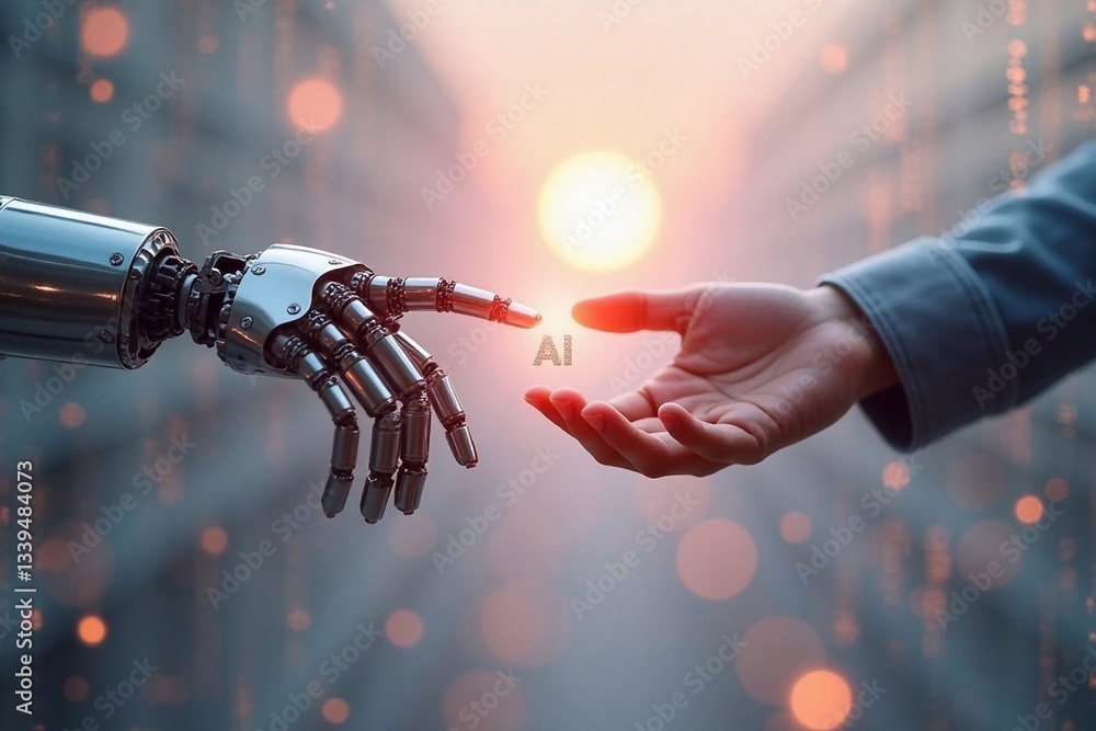 Wall mural human and robot hands touching. robot finger touching man's finger symbolizing connection and mutual