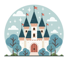Historical or fairytale castle with towers and flags. Isolated brick structure, medieval architecture. Flat style vector