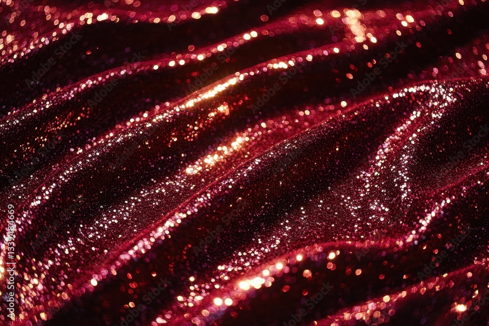 Poster luminous texture of crimson sequin fabric draped in elegant folds capturing shimmering light and sha