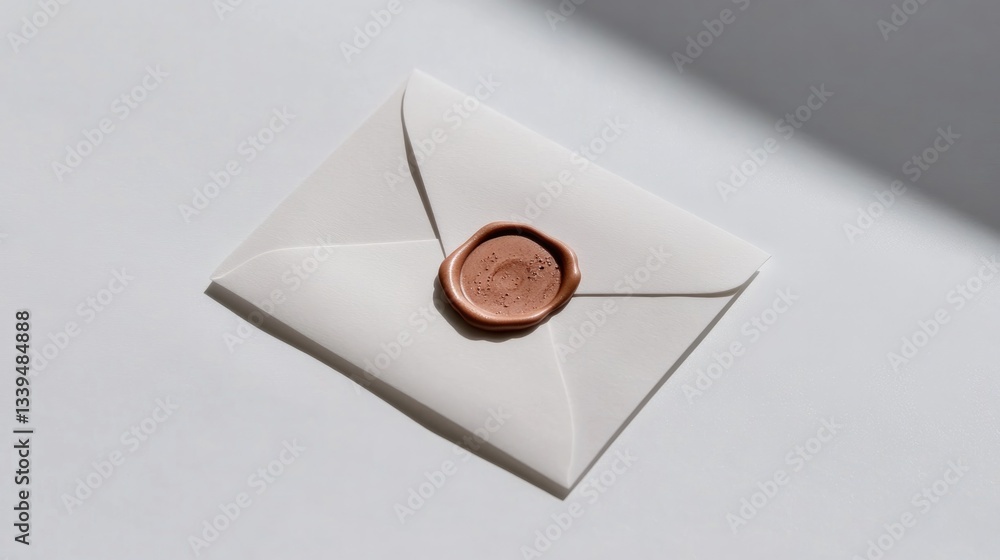 Poster single envelope with wax seal placed on seamless white surface soft shadows emphasizing texture and 