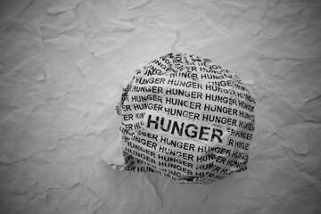Crumpled paper ball with words Hunger on torn white paper pieces background.