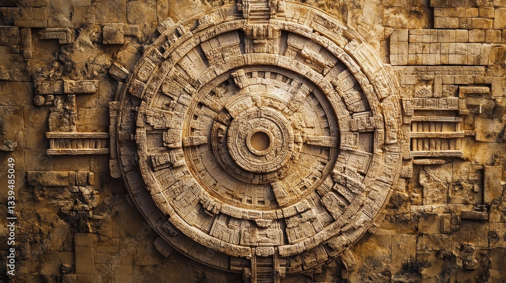 Poster ancient circular stone structure carved with intricate complex details